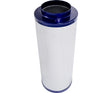 Inline carbon filter with blue top and white body on a white background