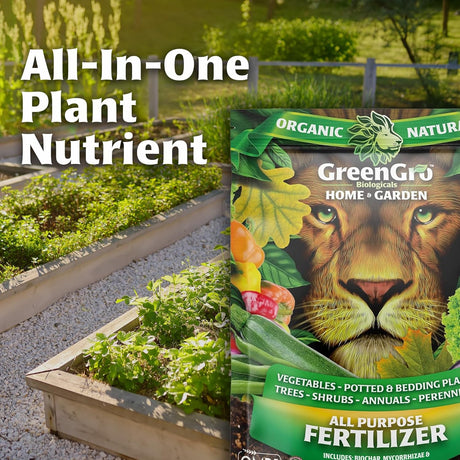 GreenGro Biologicals plant nutrient packaging with a lion's face on it, placed in a garden setting.