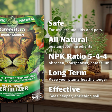 GreenGro Biologicals fertilizer package with plant-related text on a kitchen counter.