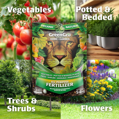 GreenGro fertilizer package with images of vegetables, potted plants, flowers, and trees.