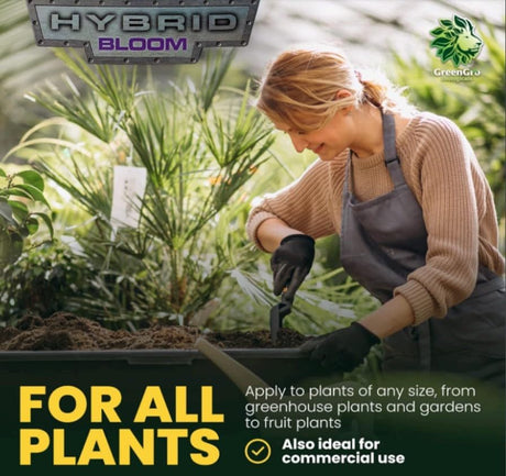 Person gardening with text about 'Hybrid Bloom' product for plants