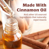 Bottle of cinnamon oil with a dropper and cinnamon sticks, labeled 'Made With Cinnamon Oil'.