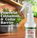 A 16 fl oz trigger spray bottle of GreenGro Insect & Pest Spray, featuring a white bottle and spray head with a green and brown label. The background is a warm, blurred kitchen or garden setting with wooden shelves and potted plants, accompanied by promotional text reading 'Powerful Cinnamon & Cedar Barrier'.