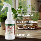 Insect and pest spray bottle with product features text on a home setting background