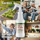 Insect and pest spray bottle with usage scenarios labeled 'Garden', 'Home', 'Garage & Storage', and 'Kitchen'.