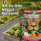 GreenGro Biologicals fertilizer package with garden scene in the background