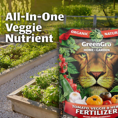 GreenGro Biologicals fertilizer package with garden scene in the background