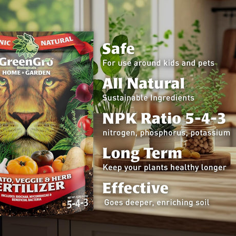 GreenGro Organic Natural Home & Garden Tomato, Veggie & Herb Fertilizer bag shown next to marketing text highlighting safe use around kids and pets, all natural ingredients, NPK ratio 5-4-3, long term benefits, and effectiveness in enriching soil.