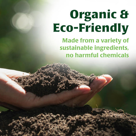 Hand holding soil with text about organic and eco-friendly products
