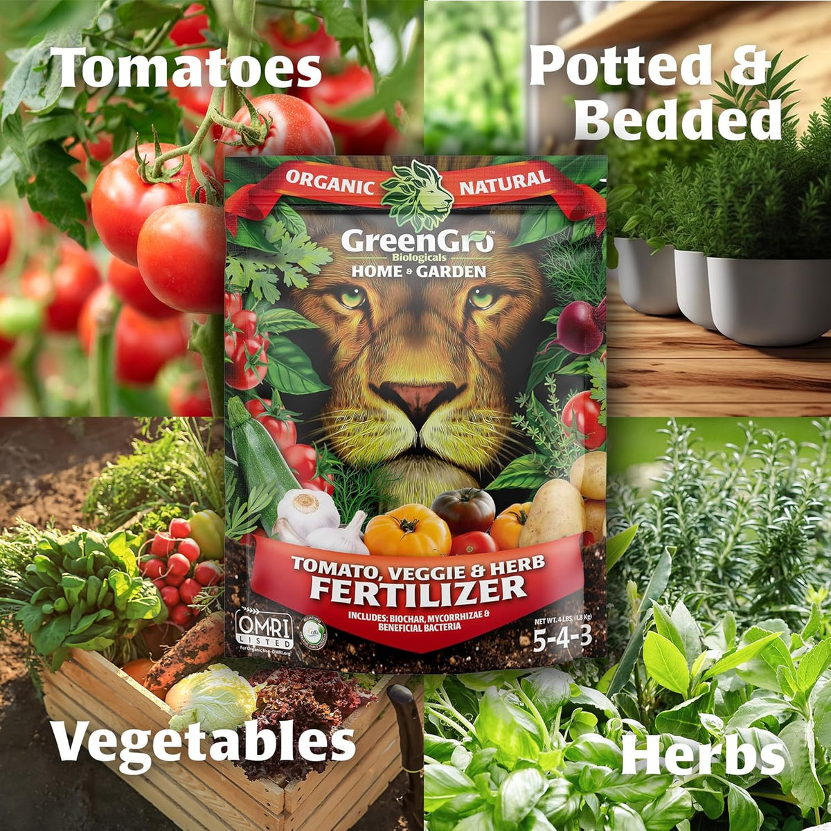 GreenGro fertilizer package with images of tomatoes, potted plants, vegetables, and herbs.