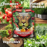 GreenGro fertilizer package with images of tomatoes, potted plants, vegetables, and herbs.