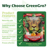 Promotional graphic for GreenGro Tomato Veggie & Herb Fertilizer, showing a product package with a lion illustration and vegetables, alongside text listing product features like 'Naturally safe' and 'Powerful growth formula' on a green background.