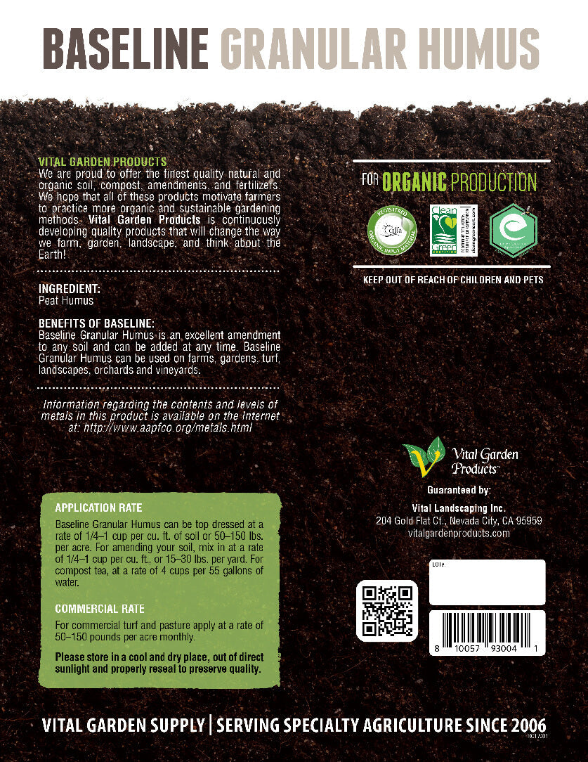 Back label of Baseline Granular Humus with text and branding details.
