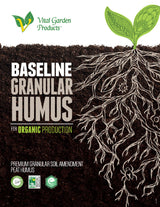 Vital Garden Products Baseline Granular Humus packaging with soil and roots illustration.