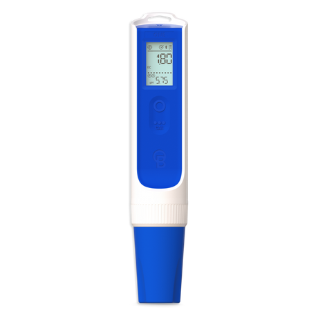 Blue and white digital pH meter on a white background