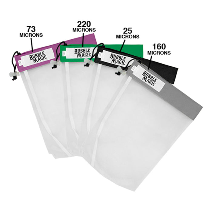 Five bubble wrap bags with labels indicating thickness in microns on a white background.