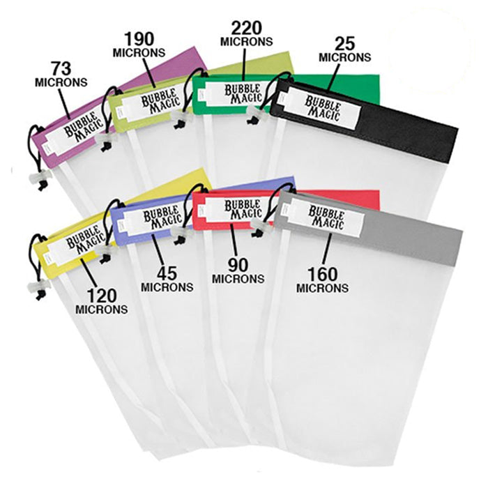 Set of clear bags with labels indicating thickness in microns, branded 'Bubble Magic'.