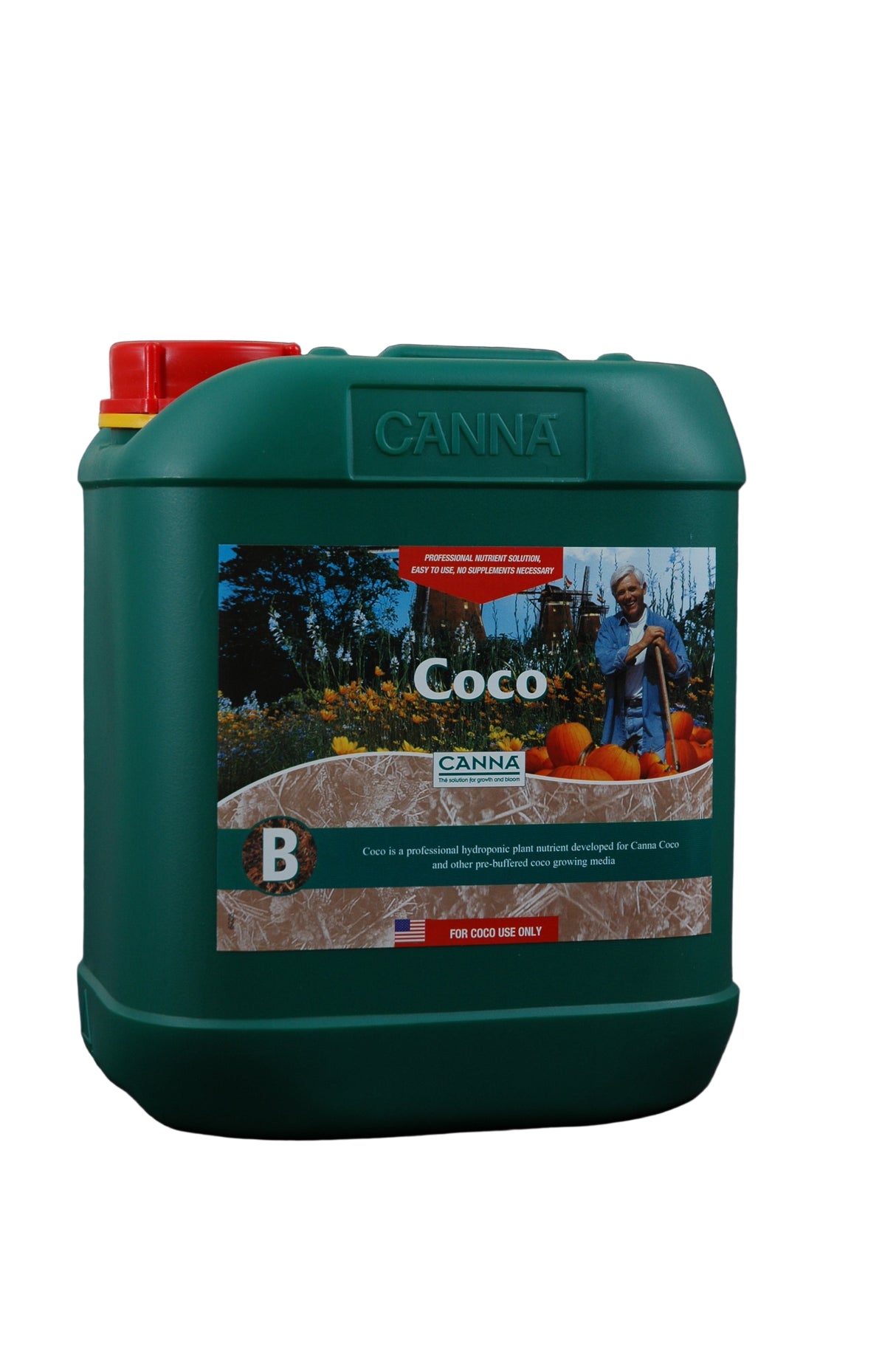 Green Canna Coco B container on a dark background
