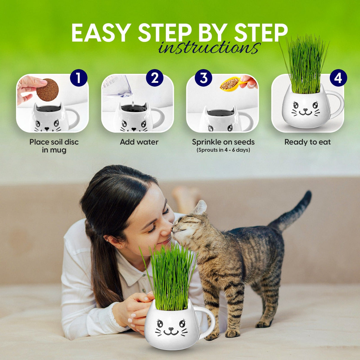 ZestiGreens Cat Grass Mug Growing Kit – Ceramic Planter with Organic Wheatgrass Seeds