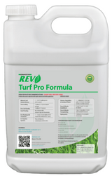White container of REV Turf Pro Formula with green text and grass image on a white background
