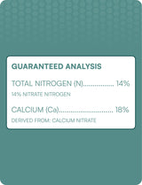 Product label with guaranteed analysis details on a teal background