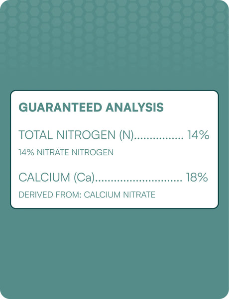 Product label with guaranteed analysis details on a teal background