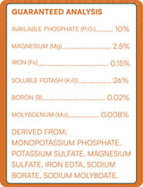 Guaranteed analysis chart for a fertilizer product with various nutrients listed.
