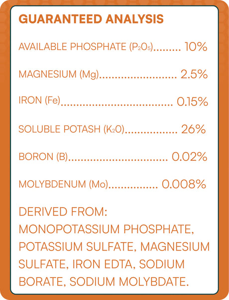 Guaranteed analysis chart for a fertilizer product with various nutrients listed.