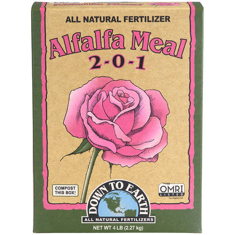 A box of Down to Earth Alfalfa Meal 2-0-1 all natural fertilizer, featuring a tan background with a large pink rose illustration and green side panels.