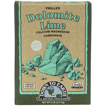 Box of prilled dolomite lime with a natural design and branding on a white background