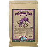 Bag of fish bone meal fertilizer with purple label on a beige background