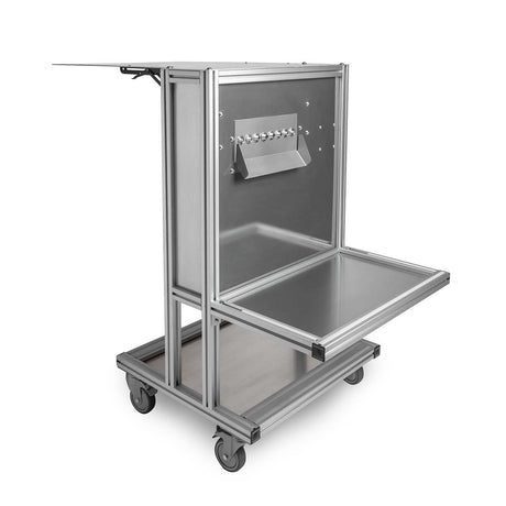 Metallic rolling cart with a transparent panel on a white background