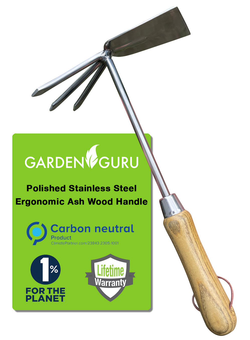 Garden Guru Stainless Steel Garden Cultivator Hoe, Classic Wood Handle