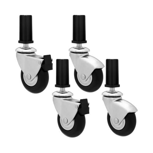 Four caster wheels with black rubber tires and metal brakets.