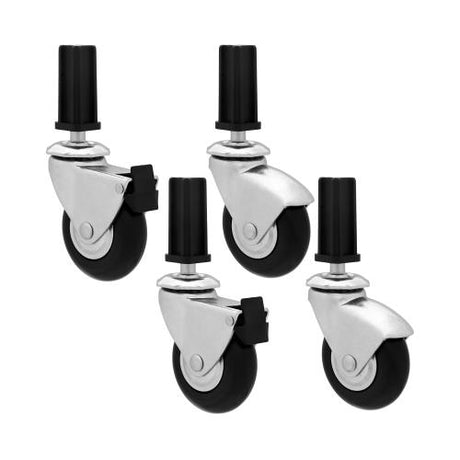 Four caster wheels with black rubber tires and metal brakets.