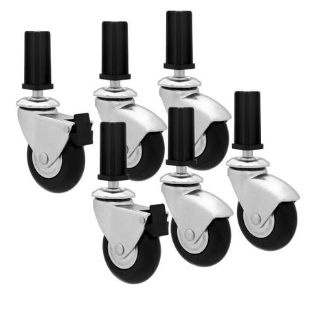Six caster wheels with black rubber tires and metal brakets.