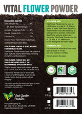 Back label of Vital Flower Powder with text and branding details.