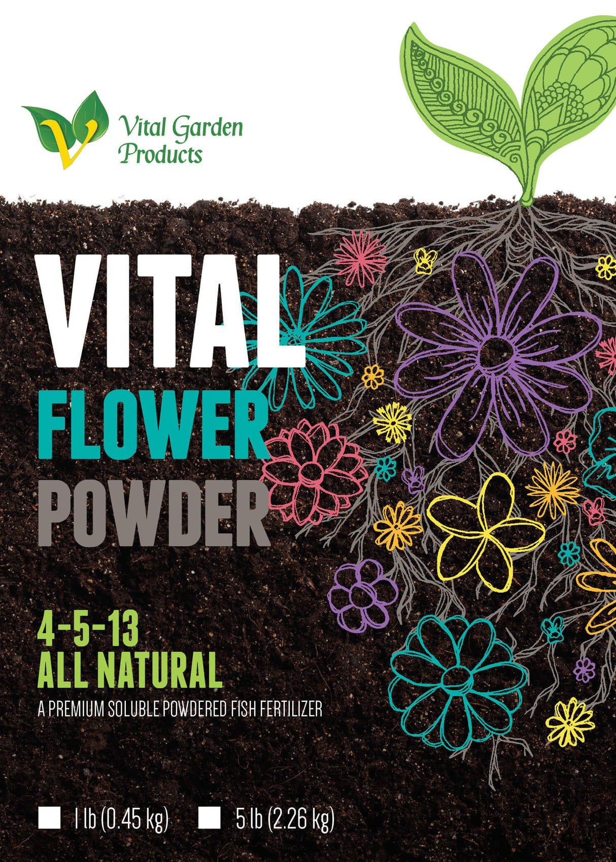 Vital Garden Products Vital Flower Powder packaging with colorful flowers and soil illustration.