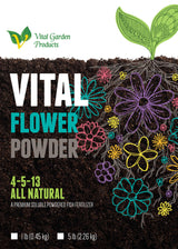 Vital Garden Products Vital Flower Powder packaging with colorful flowers and soil illustration.