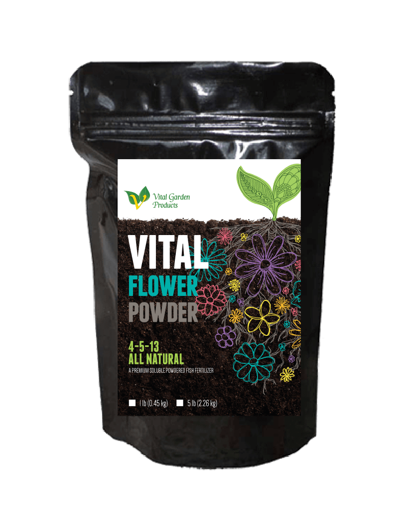 Bag of Vital Flower Powder with a visible label on a black background