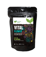 Bag of Vital Flower Powder with a visible label on a black background