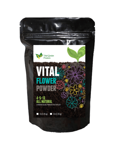 Bag of Vital Flower Powder with a visible label on a black background