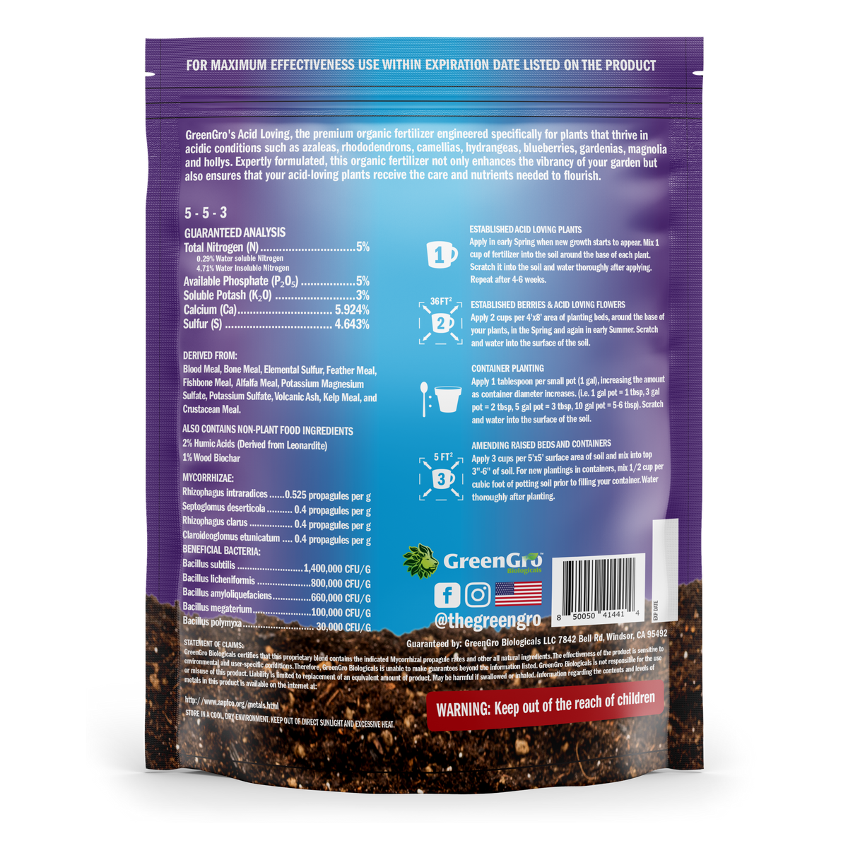 Back view of a fertilizer package with text and branding on a white background