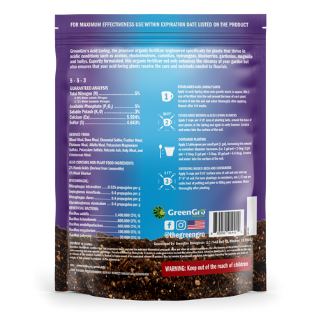 Back view of a fertilizer package with text and branding on a white background