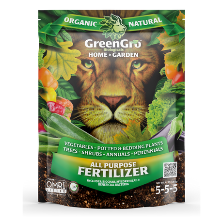 GreenGro Organics Home & Garden All Purpose Fertilizer in a resealable stand-up pouch with a lion face graphic and green leaf accents.