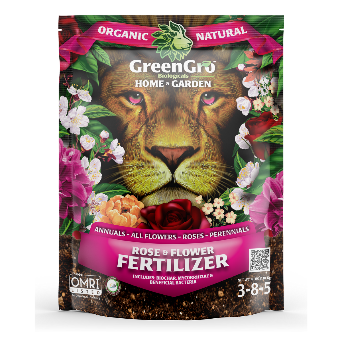 GreenGro BioGrows Organic Natural Rose and Flower Fertilizer in a resealable stand-up pouch. The packaging features a large lion face surrounded by flowers and green leaves, with pink banners reading 'Organic Natural' and 'Rose & Flower Fertilizer'.