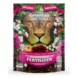 GreenGro BioGrows Organic Natural Rose and Flower Fertilizer in a resealable stand-up pouch. The packaging features a large lion face surrounded by flowers and green leaves, with pink banners reading 'Organic Natural' and 'Rose & Flower Fertilizer'.