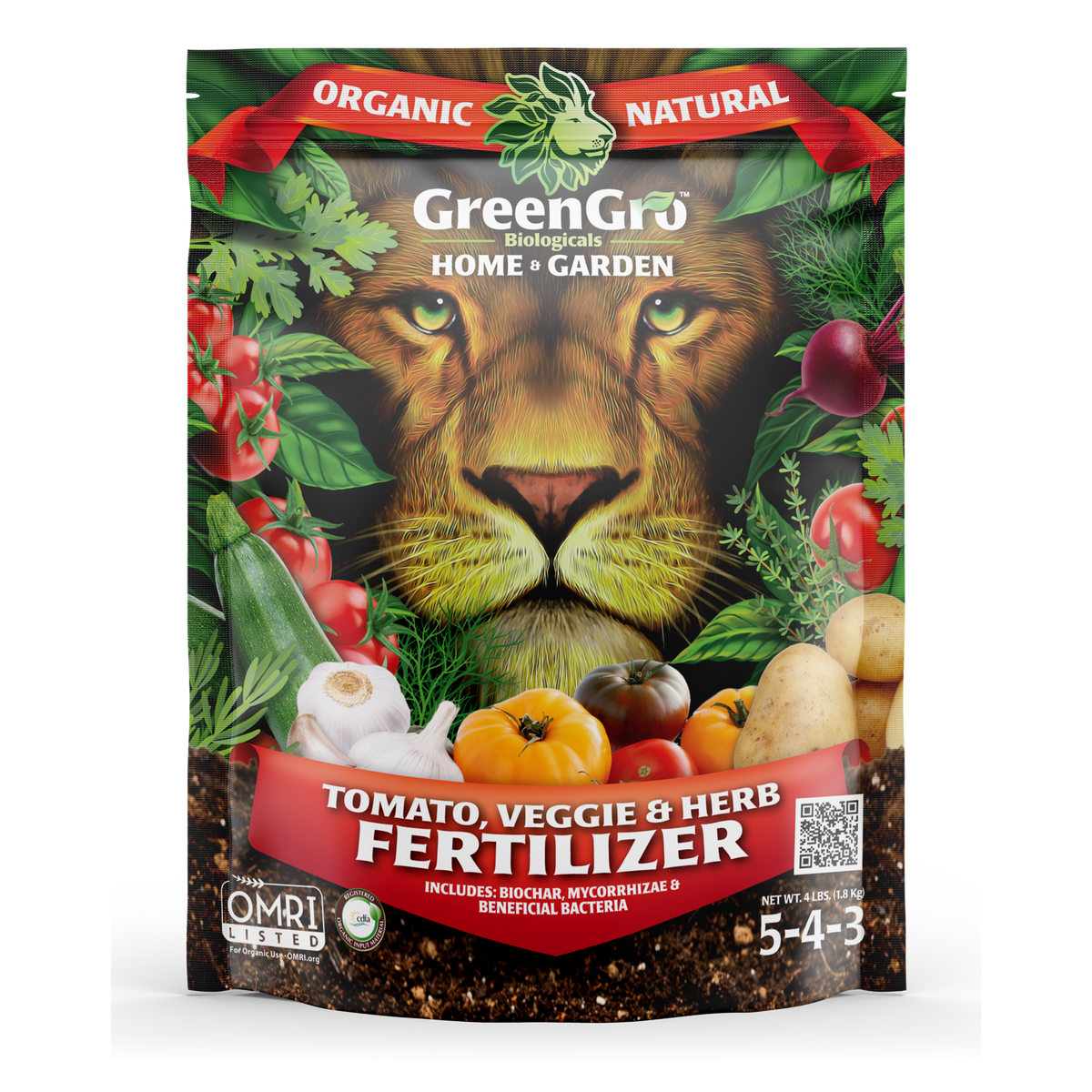 GreenGro Biologicals Organic Natural Home & Garden Tomato, Veggie & Herb Fertilizer in a stand-up resealable pouch. The packaging features a large lion face surrounded by illustrated tomatoes, garlic, herbs, and soil, with the product name in red banners.