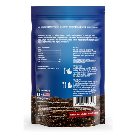 Back view of a blue resealable stand-up pouch of GreenGro Pome Lands herbal liquid extract, showing product details, ingredients, and instructions on a white background.