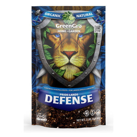 A 2 lb bag of GreenGro Pride Lands Defense organic natural home and garden soil insecticide and repellent, featuring a graphic of a lion inside a shield on a blue background.